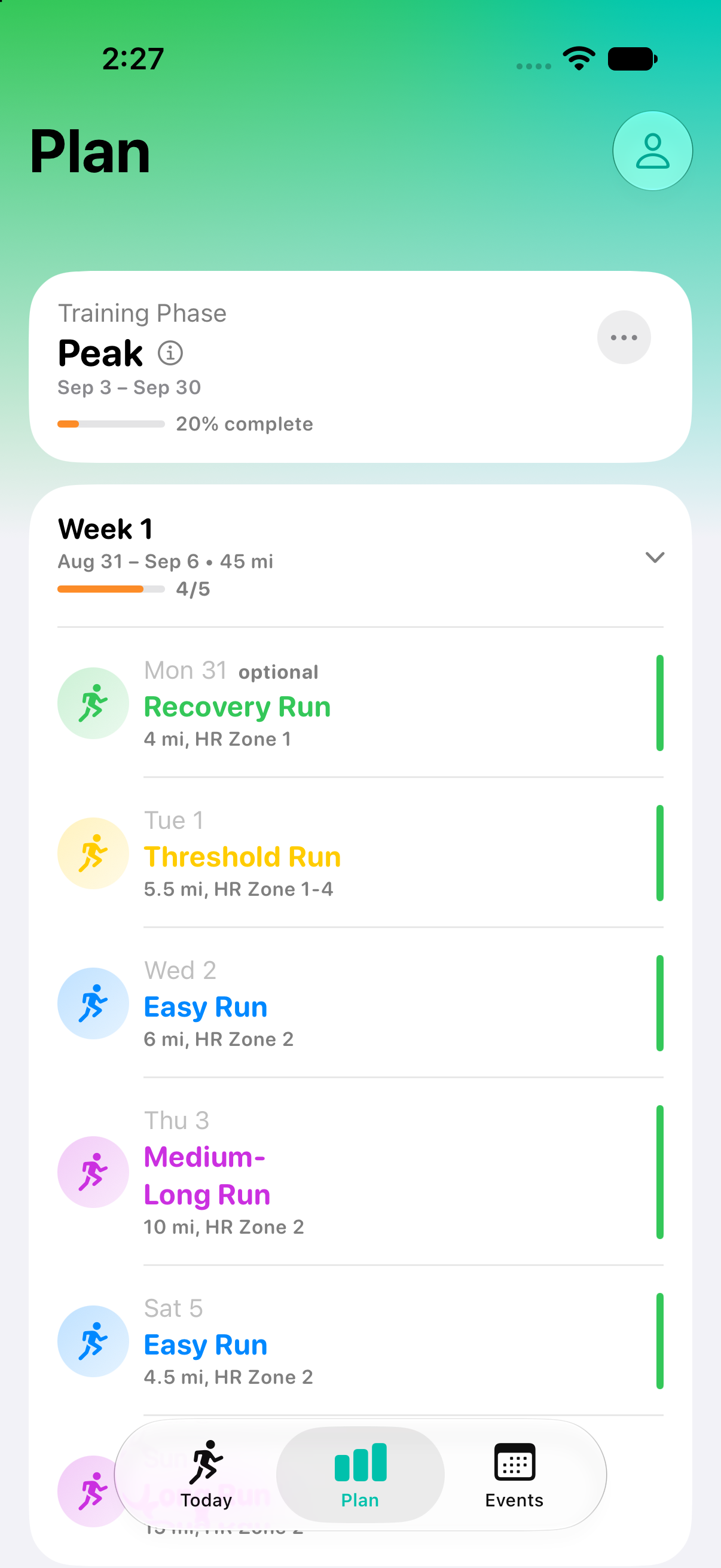 Jamotion's plan screen on iPhone, showing a four-week training block week by week.